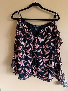 INC International Concepts Black Cold-Shoulder Camisole with Pink Bird Print